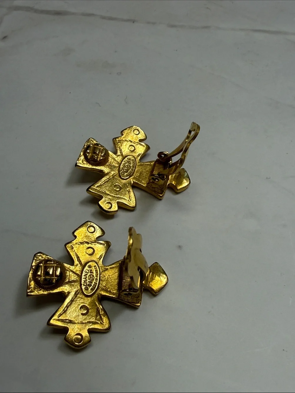 CHANEL Gold Cross-Form Clip-On Earrings with Interlocking CC